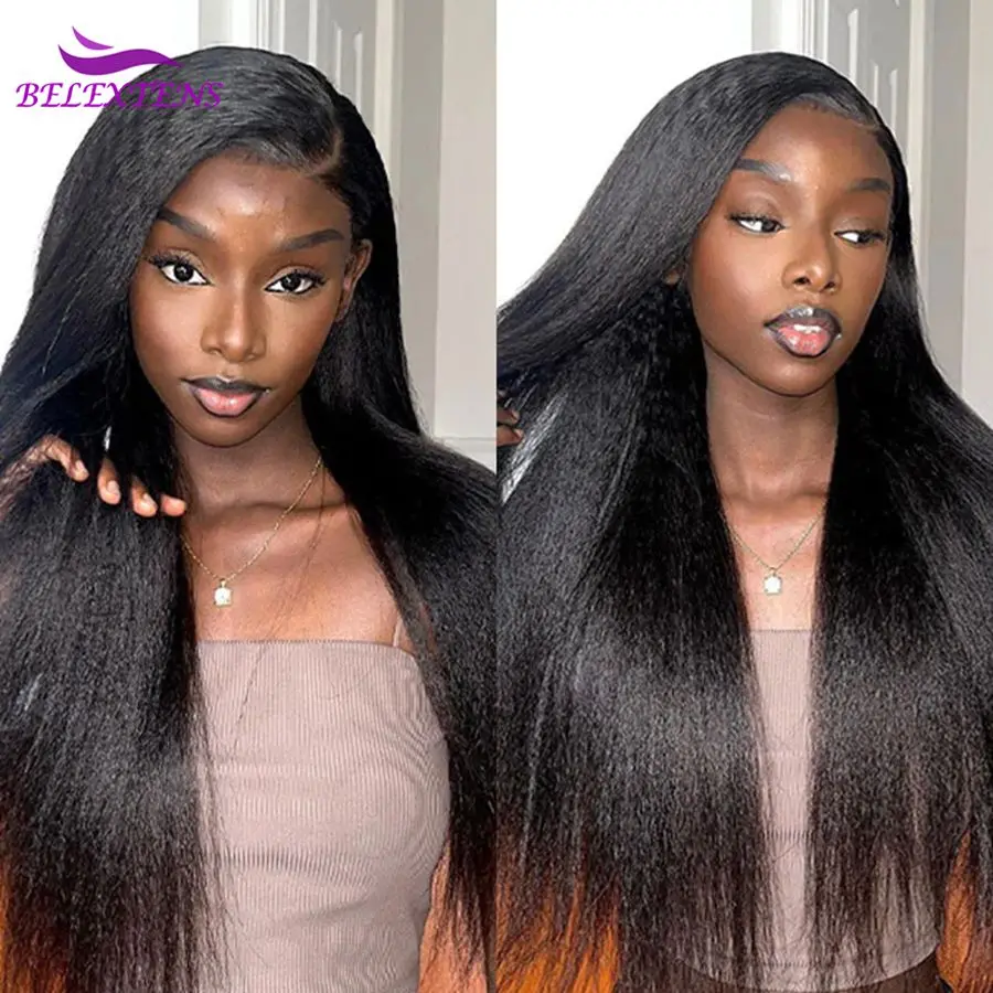 26 28 30 inch 13x4 Kinky Straight Human Hair Wigs For Women Pre Plucked Thick Yaki Straight Lace Frontal Human Hair Wig