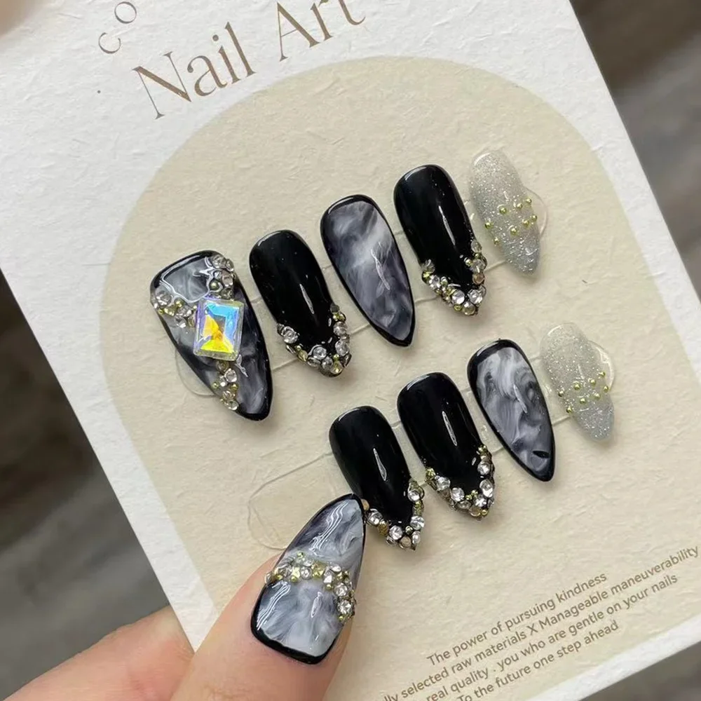 

Y2k пресс для ногтей ручной работы миндальный французский средней длины крутой многоразовый клей накладные ногти искусственные акриловые кончики ногтей дизайн ногтей