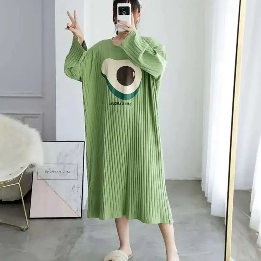 Plus Size 5XL 120kg Autumn Nightgown Women Sweet Long Sleeve Night Dress SleepwearO Neck Comfortable Casual Home Dress