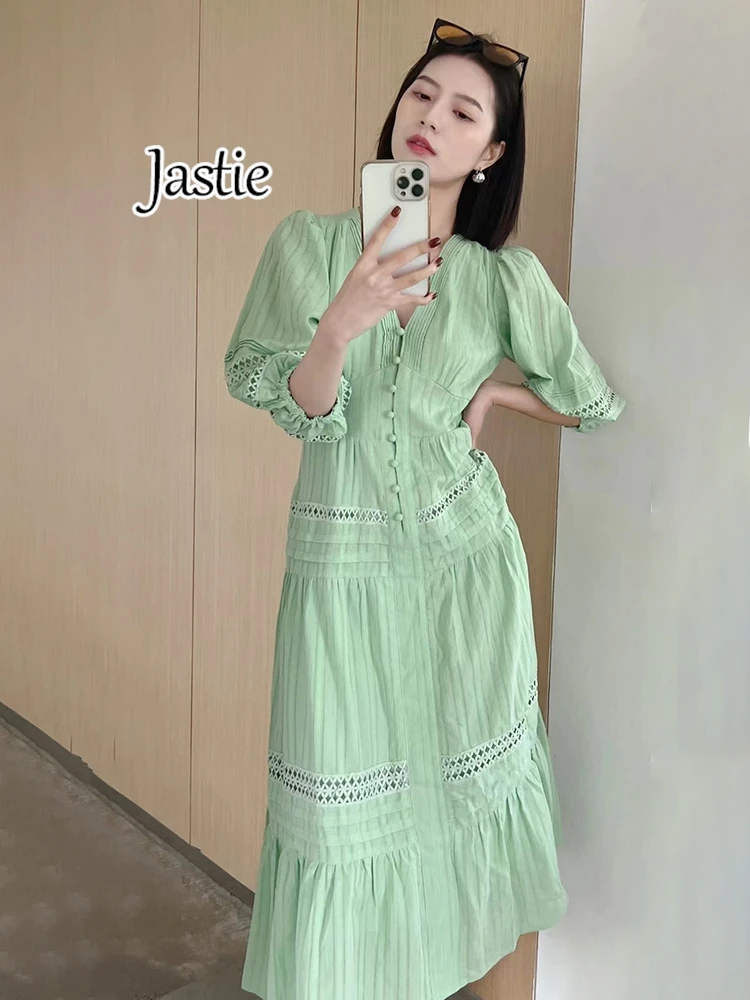 Jastie-Robe Longue à Manches Bouffantes pour Femme, Tenue Française, Couleur Unie, Col en V, Ajourée, Élégante, à Simple Boutonnage, Maxi, Été, 2024