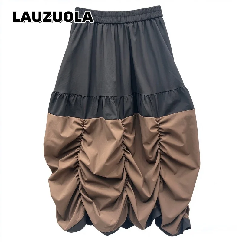 Women Color Block Midi Skirt Elastic High Waist Drawstring Ruched Balloon Skirt Patchwork Streetwear Loose A-Line Long Skirts