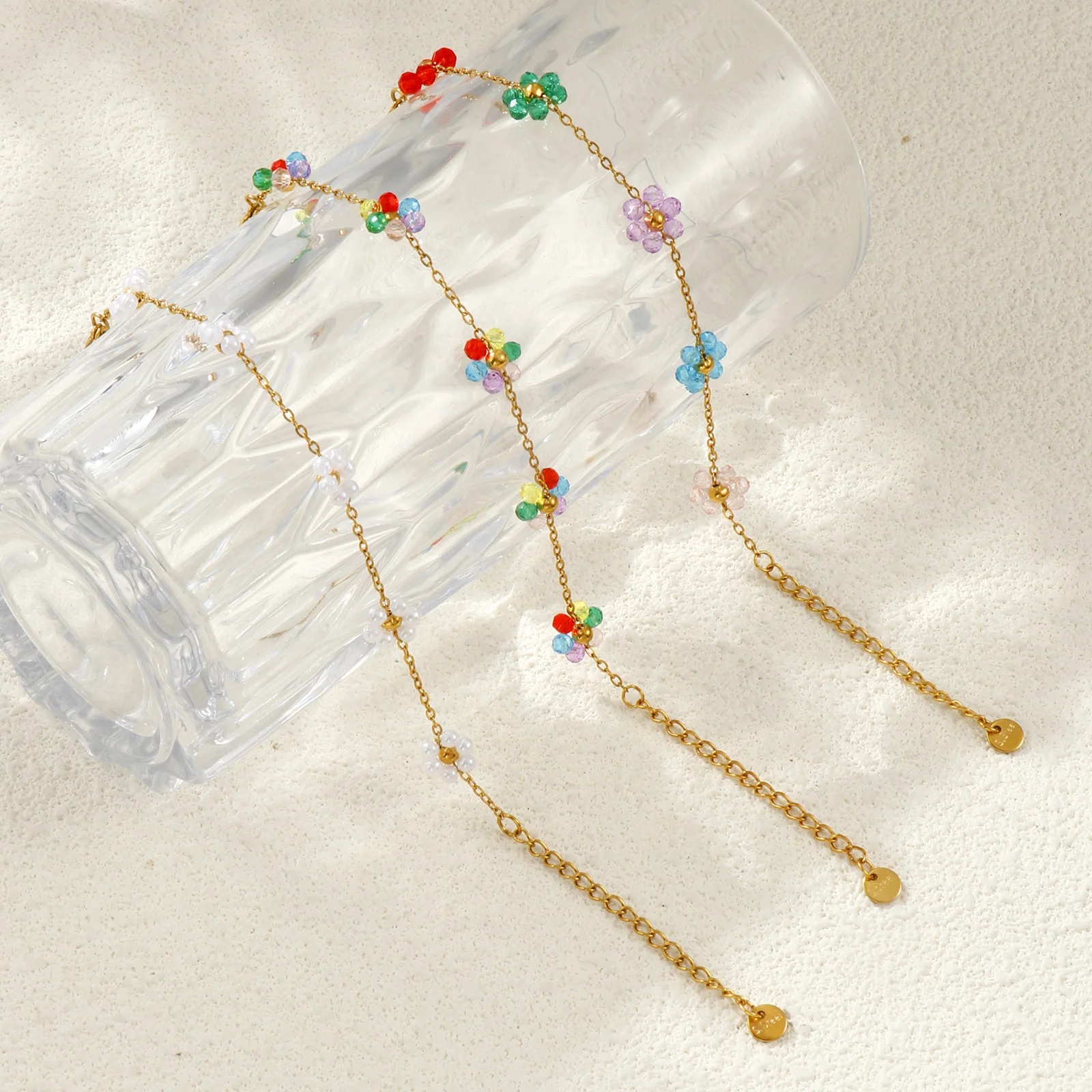 Sweet Cute 18K Gold Plated Multicolor 304 Stainless Steel Link Cable Chain Flower Beaded Bracelets For Women Gift15cm(5.9