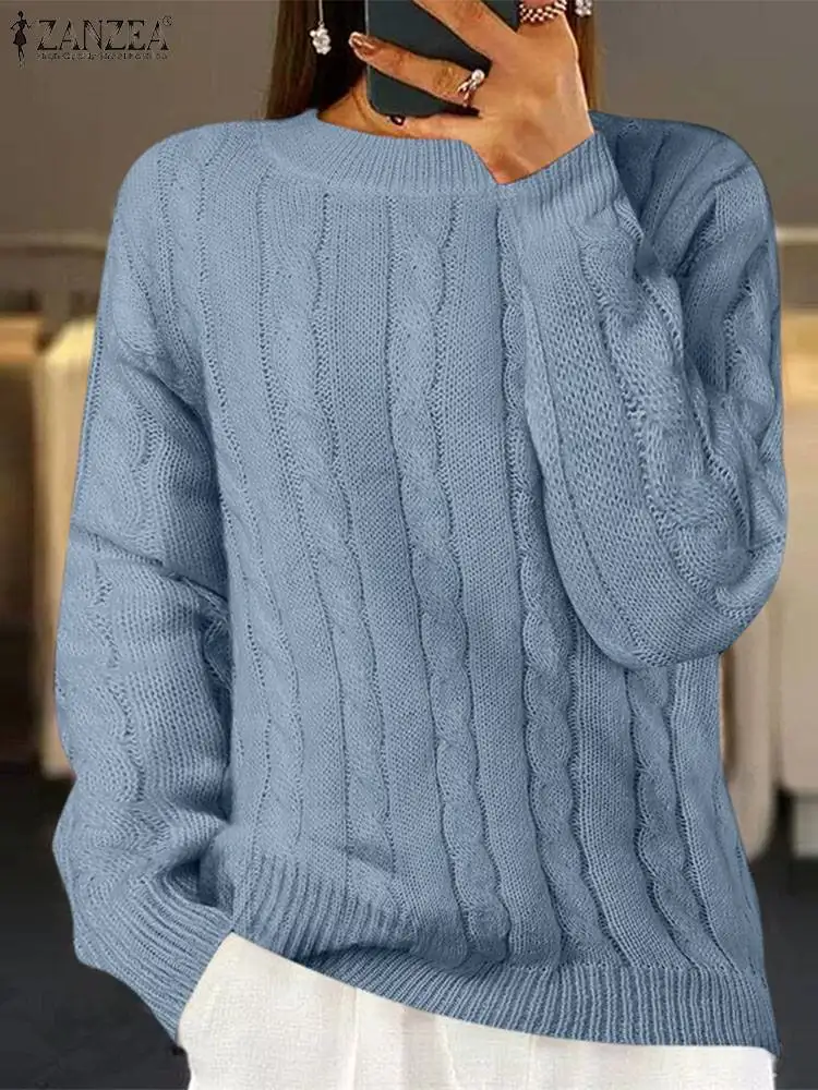 

2024 ZANZEA Women Autumn Knitted Sweaters Casual Loose Round Neck Warm Pullovers Elegant Long Sleeve Solid Tunic Tops Jumper
