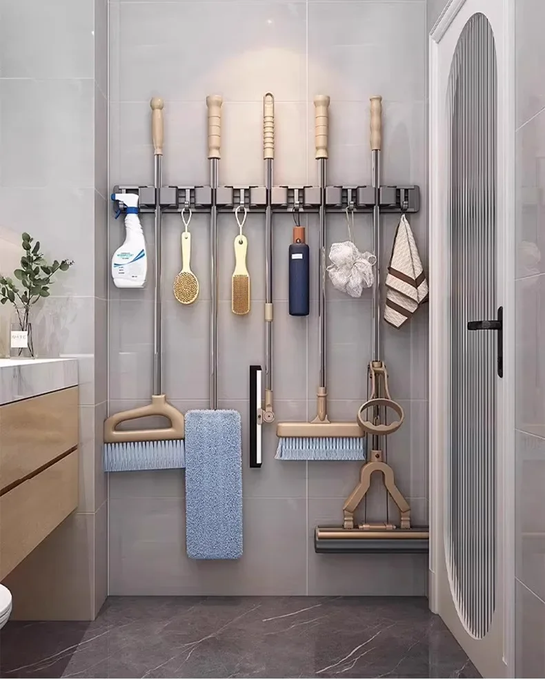 Organizer für Mopp und Besen, Mopphalter, Rack, Mopphalter, Wandmontage, starker Besen, Mopphalter, selbst, mit 5-Haken, Organizer zum Aufhängen von Besen – Detail 6
