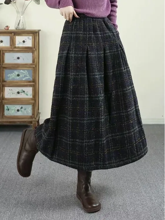 Fall Winter Woolen Plaid Midi Skirt Women's High Waist A-Line Skirt Comfortable Cotton Commute Friendly Fashionable
