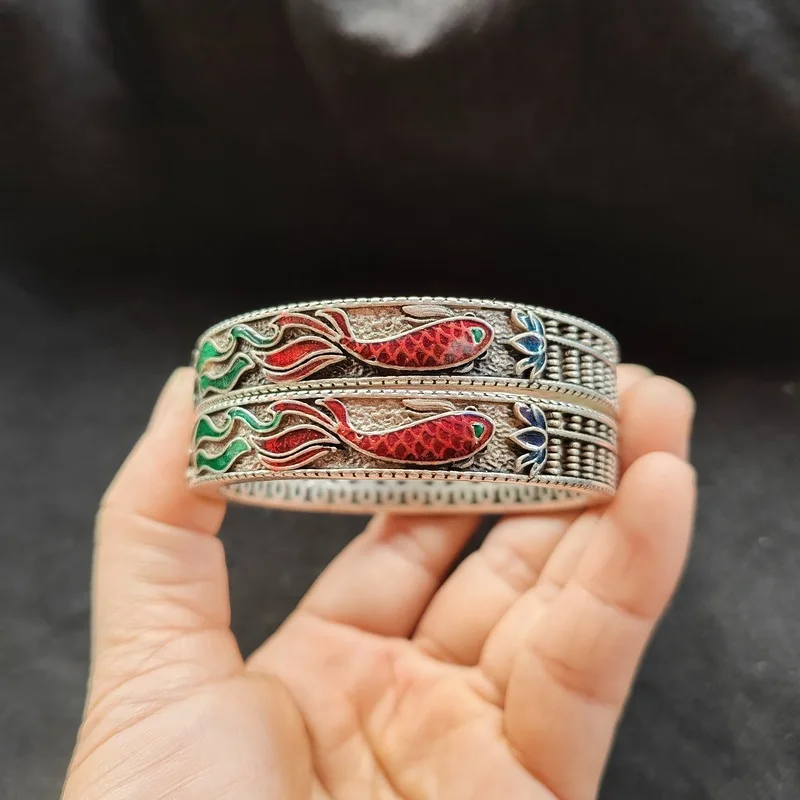 Enamel Tail Heart Sutra Silver Bracelet Women, New National Style Double Fish Brac