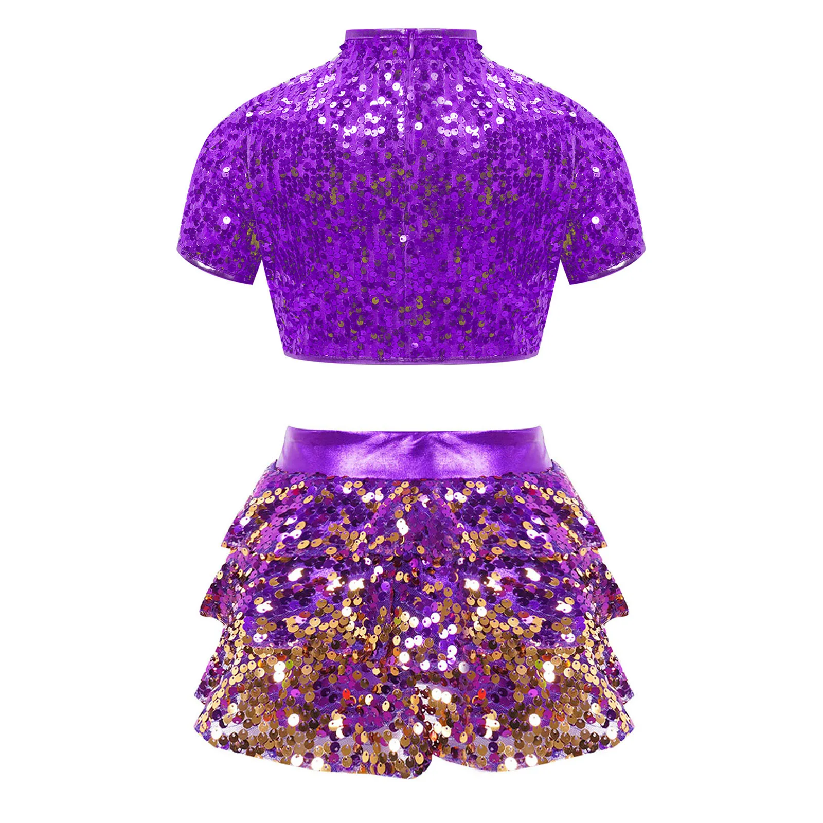 Trajes de baile de Jazz para niñas, traje de baile de porristas con lentejuelas brillantes, Top corto brillante de manga corta con falda, traje de baile