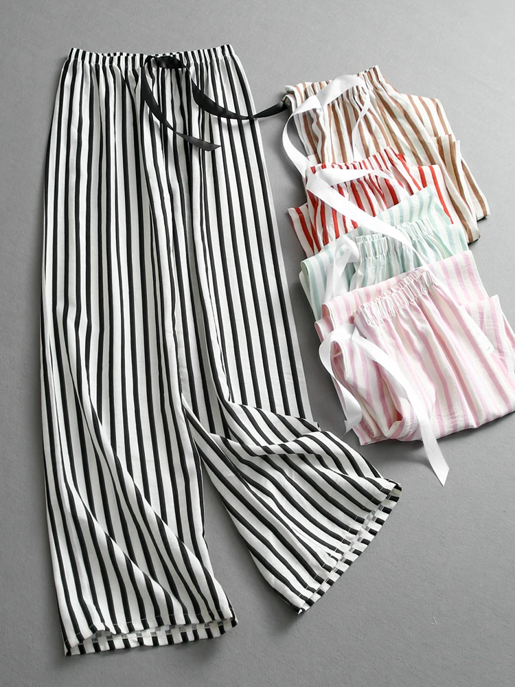 

Color Block Striped Thin Ice Sensation Elastic Waist Belted Loose Wide Leg Pants Home Wear Women's Pants Sleepwear Z360