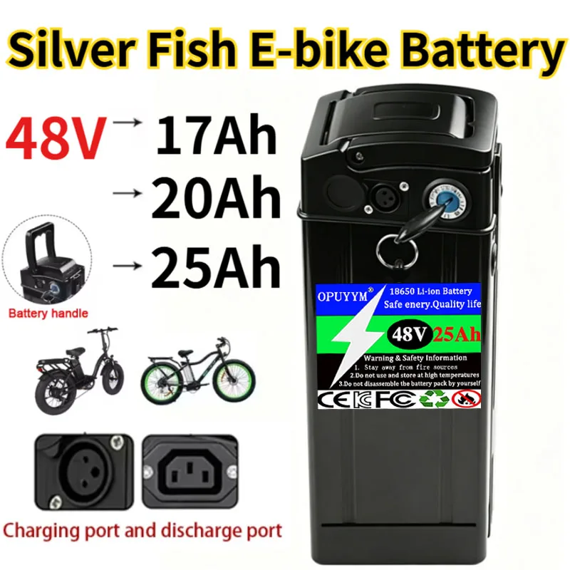 New 18650 Battery Large Capacity Silverbait Battery 48V 25Ah/20Ah/17Ah, Suitable for Electric Bicycles, Power 500-2000W