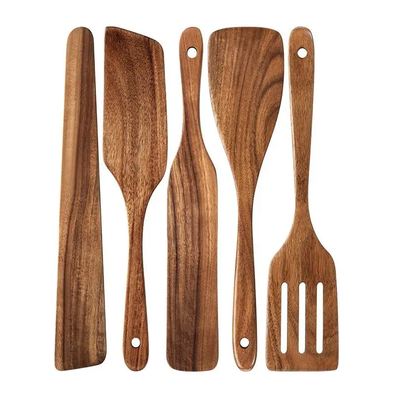 AT51-Kitchen Utensil Set-Wooden Spatula Set(5 PCS), Wooden Spoons For Cooking, Nonstick Cookware Compatible Tools
