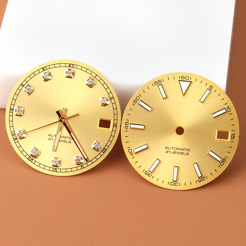 

28.5mm NH35 Dial Gold Sunburst Watch Dial Hands Green Luminous Fit Log NH35 NH36 Movement 316L Steel Modified Watch Accessories