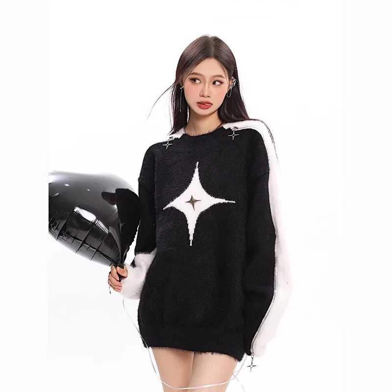 

Black Women Clothing Knitting Sweater Long Sleeves Grey Vintage Pullover Cashmere Hollow Out Design Fashion Female Spring Tops