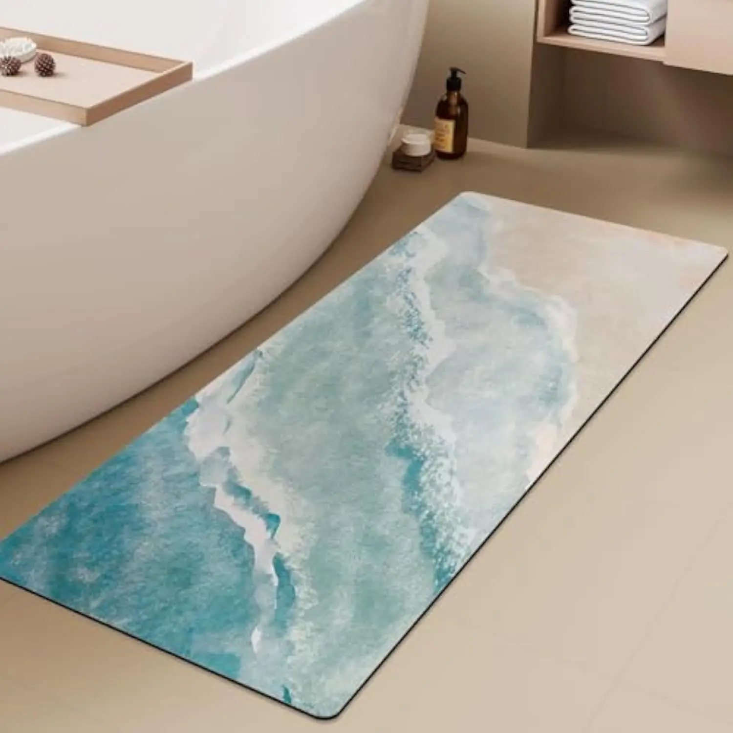 VIKAMA Bath Runner Rug Blue Sea Beach with Waves Decor Non Slip Bath Runner Rug with Rubber Backing Absorbent Quick Dry Bath Mat