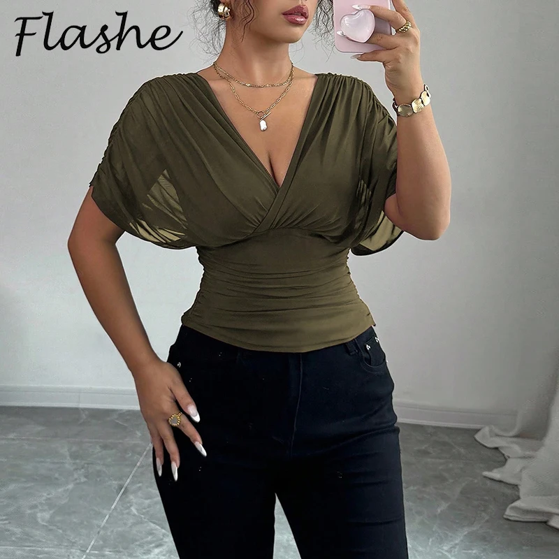Elegant Slim Women's Shirt Summer Deep V Neck Short Sleeve Pleated Tee Office Lady Tops Fashion Women T-Shirts
