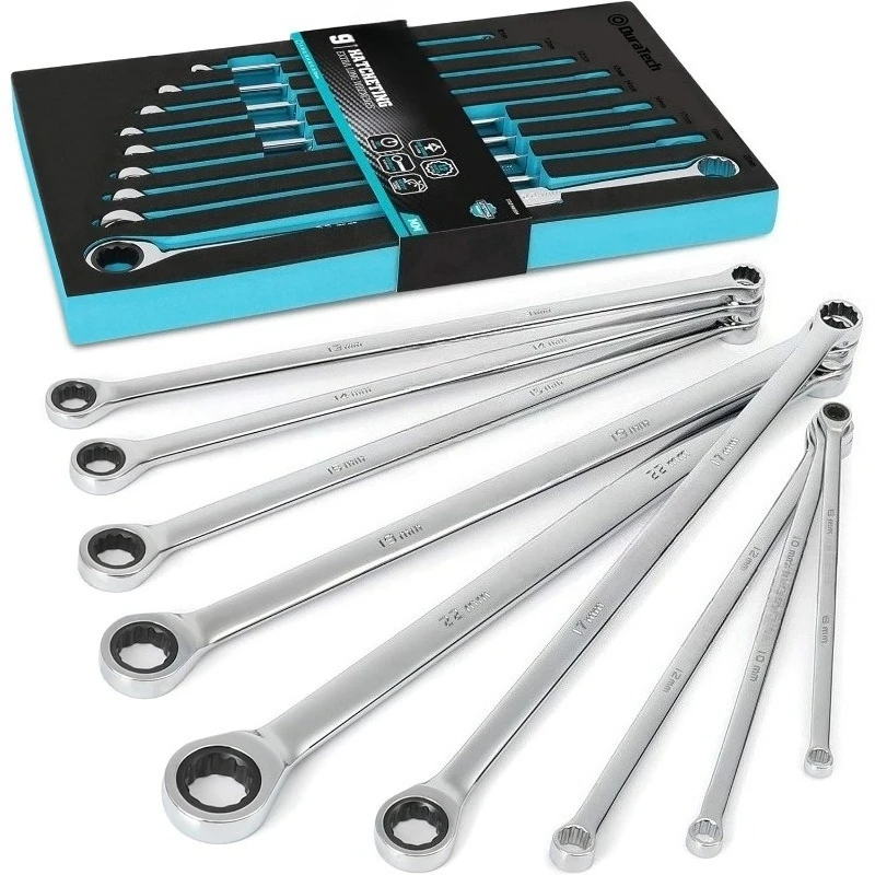 

Extra Long Ratcheting Wrench Set, Double Box End Wrench Set, Metric, 9-Piece, 8,10,12,13,14,16,17,19,22 Mm, CR-V Steel
