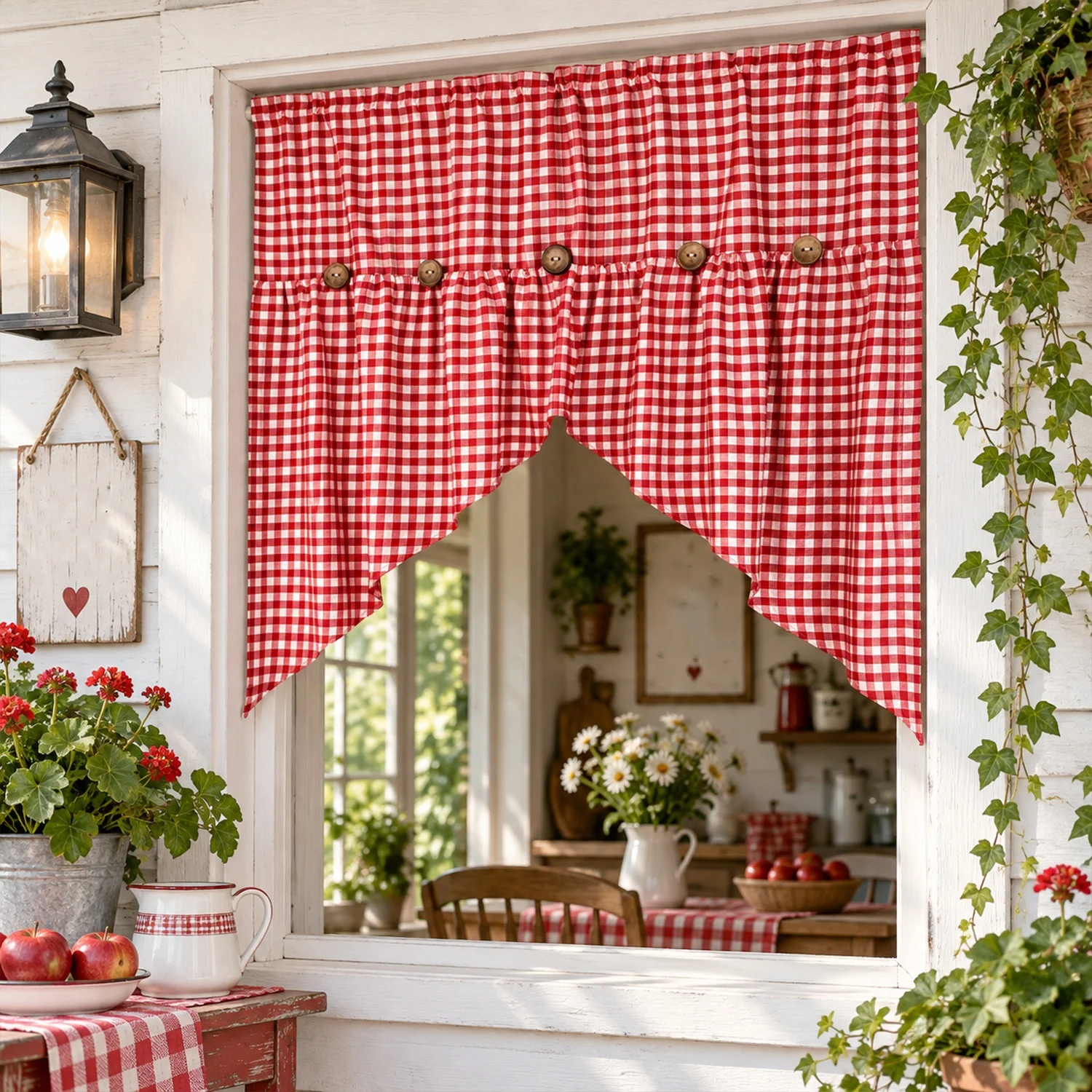 1pc Farmhouse Gingham Swag Valance with Buttons, Vintage Plaid Cafe Curtains,Rod Pocket Kitchen Sink Small Window Treatments