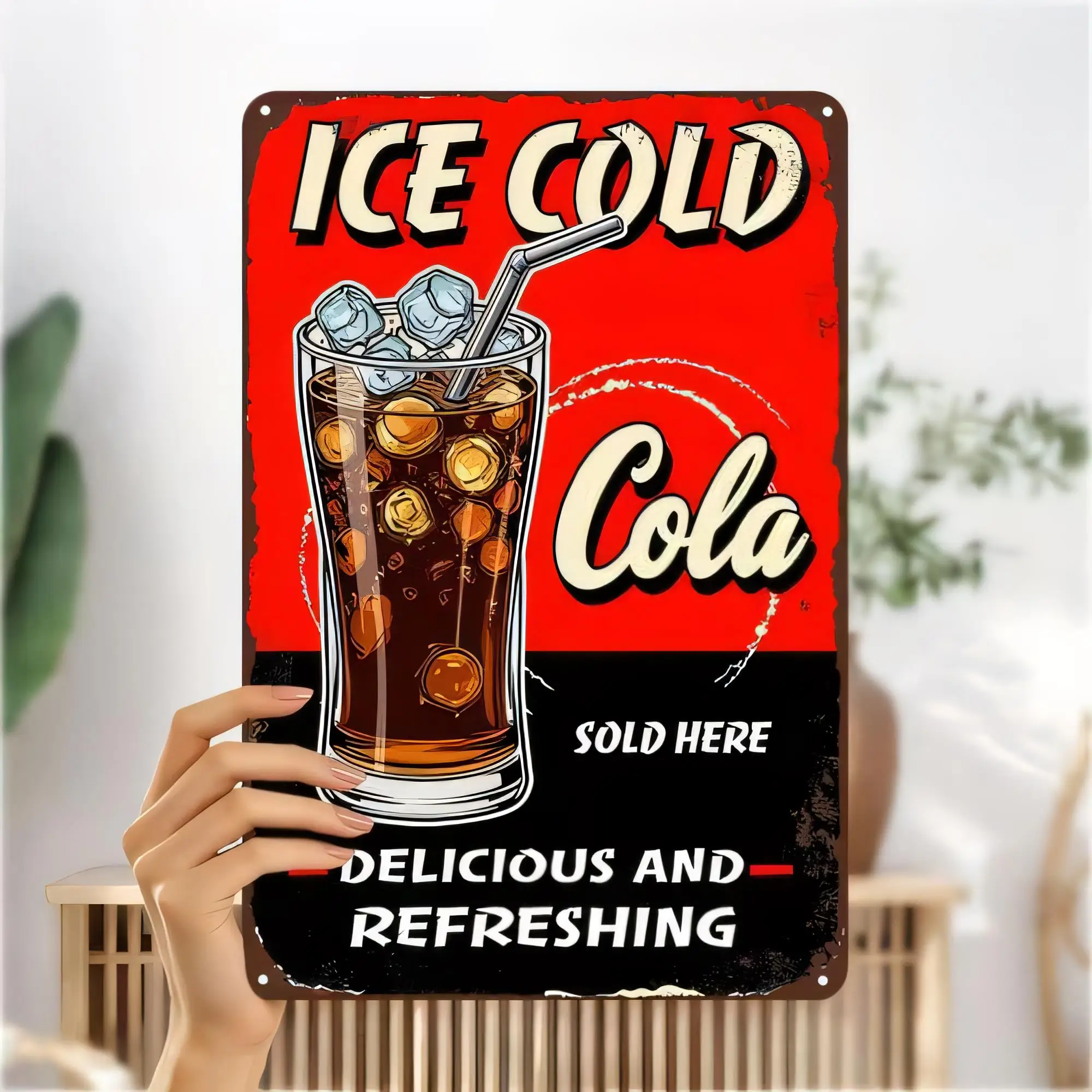Tin Sign Ice Cold Cola Delicious And Refreshing Vintage Metal Poster Wall Decor, Retro Soda Drink Kitchen Bar Pub Cafe Plaque,