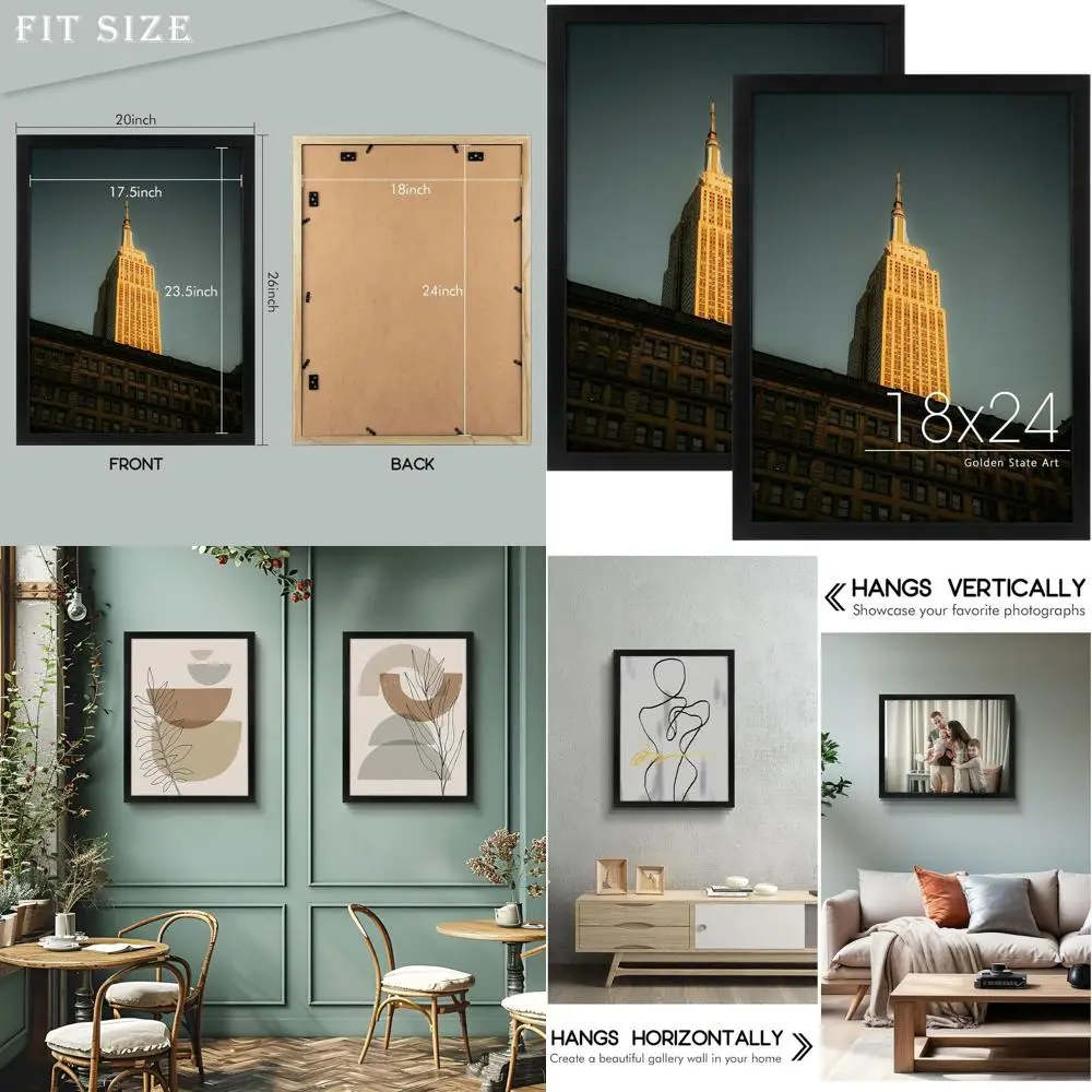 

Pair of 18x24 Inch Black Wooden Picture Frames with Glass for Wall Art Display