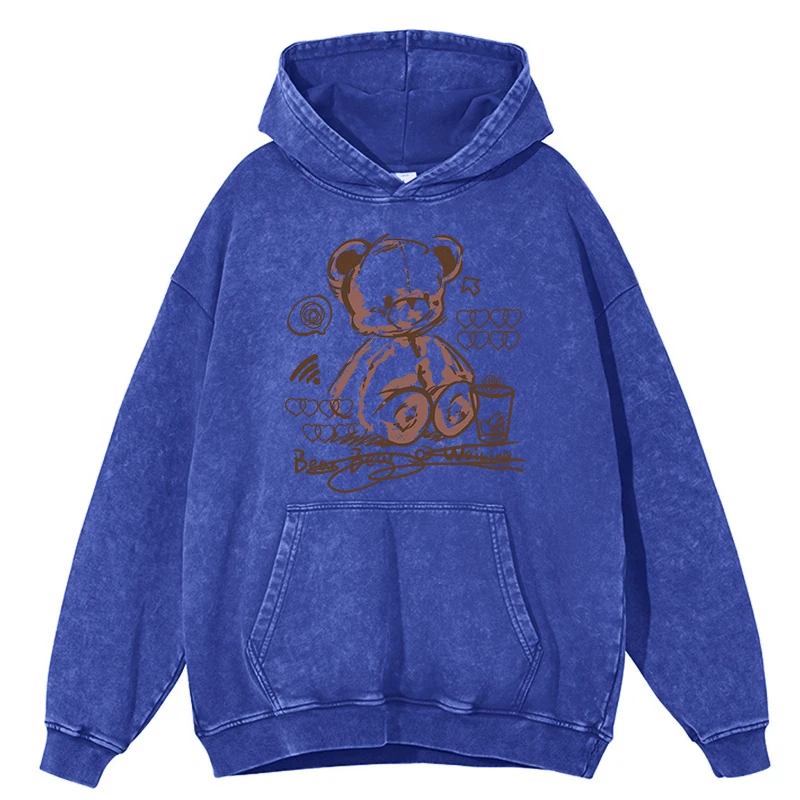 Cartoon Graffiti Bear Print Mens Washed Cotton Hoody Distressed Simple Crewneck Warm Hoodies Street Oversize Autumn Clothes Male