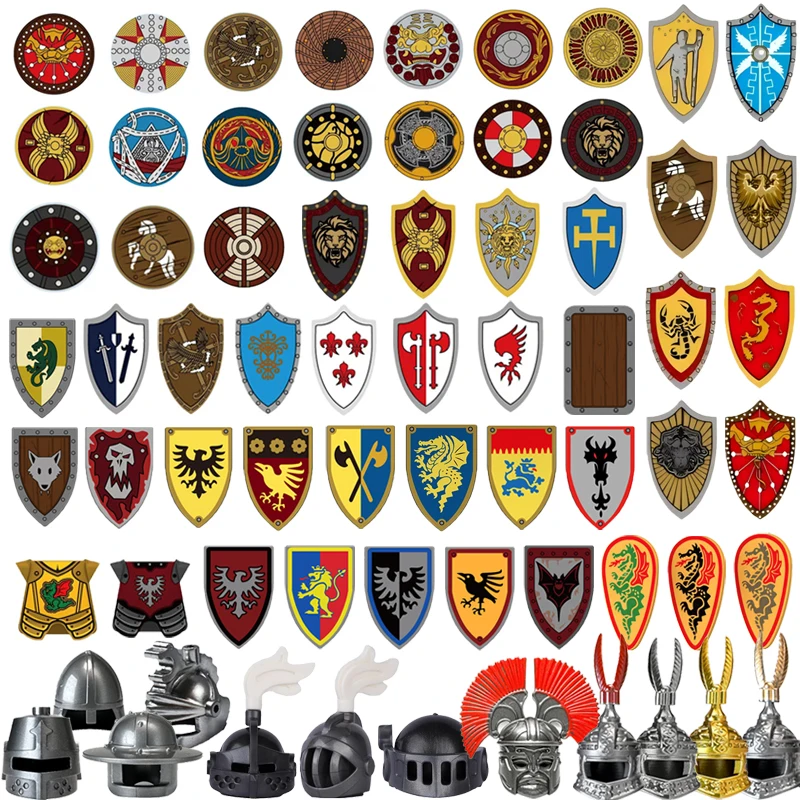 Image of Mittelalterliche Militärteile Bausteine Krieger Soldaten Schloss Figuren Ritter Gedruckt Schild Helm Zubehör DIY Ziegel Spielzeug