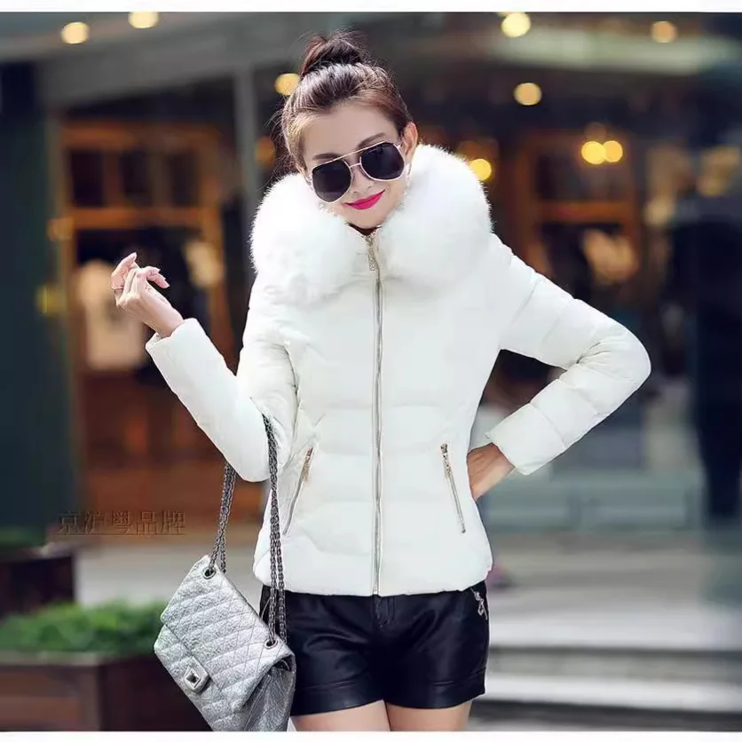 Women Short Parkas Coat Hooded Jacket Oversize Solid Big Fur Collar Long Sleeve Zipper Slim Thick Office Lady Casual 2025 Winter