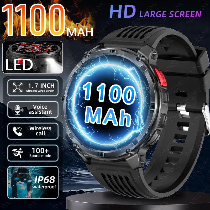 DAORKOW2025 new outdoor sports smartwatch 1100mAh Bluetooth call, altimeter, compass, LED light, IP68 waterproof sports watch