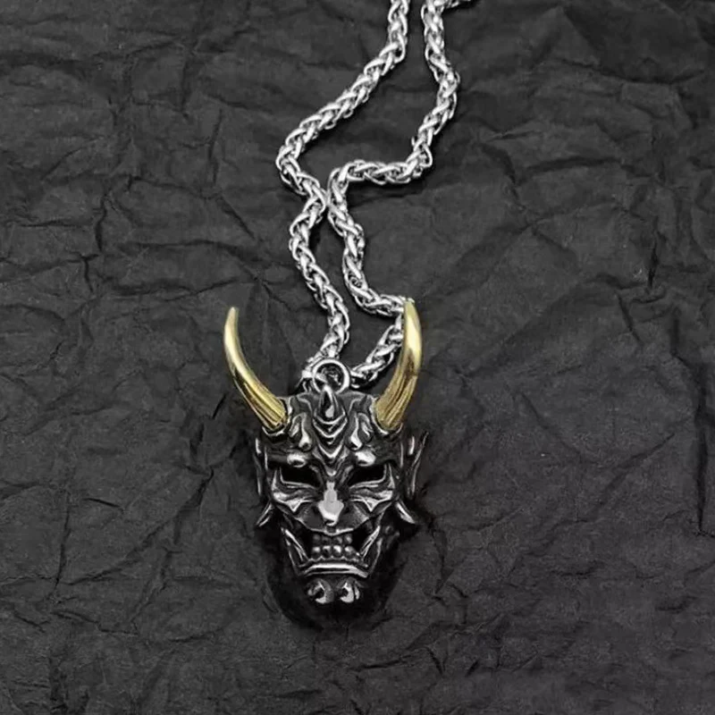 Vintage Punk Ghost Skull Mask Pendant Necklace Gothic Oni Samurai Golden/Silver Color Horn Horror Halloween Necklaces Jewelry