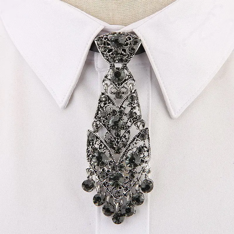 VEEKTIE Brand Mini Necktie untuk Pria Rhinestone Alloy 3.5Cm Novelty Wine Party Wedding Host Polyester Hitam Putih Emas Show Uniseks