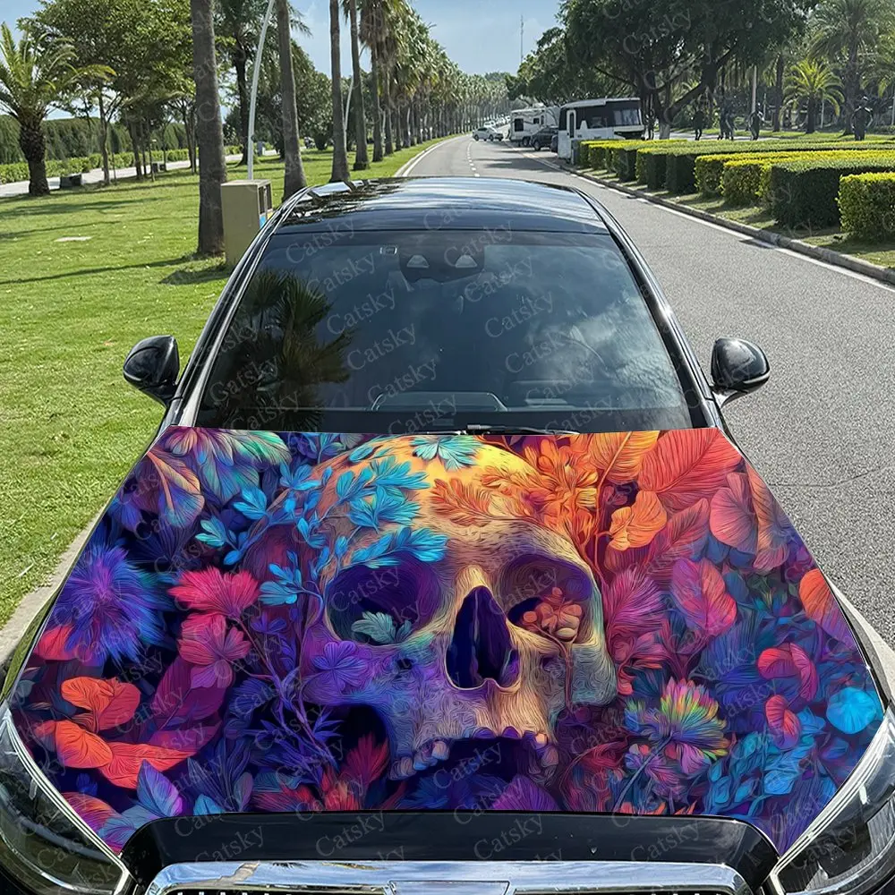 

Leaf-Flower Skull Car Vinyl Wrap, PVC Material Waterproof Car Hood Sticker, Self-Adhesive Scratch-Resistant Stickers for Engine