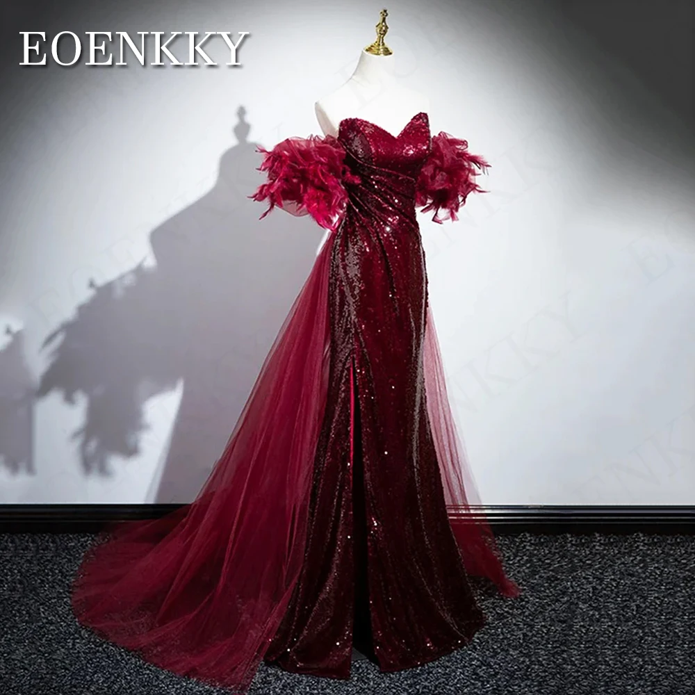 Burgundy Mermaid Sequins Evening Dress Long Luxury Women Feathers Off Shoulder Party Dresses vestidos de noche Strapless V Neck