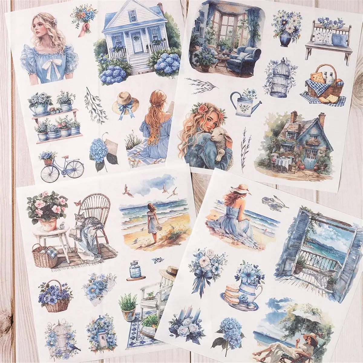 Garden Junk Journal Stickers, 50 Sheets, Scrapbook Supplies, Watercolor Scrapbooking for Adults Blue