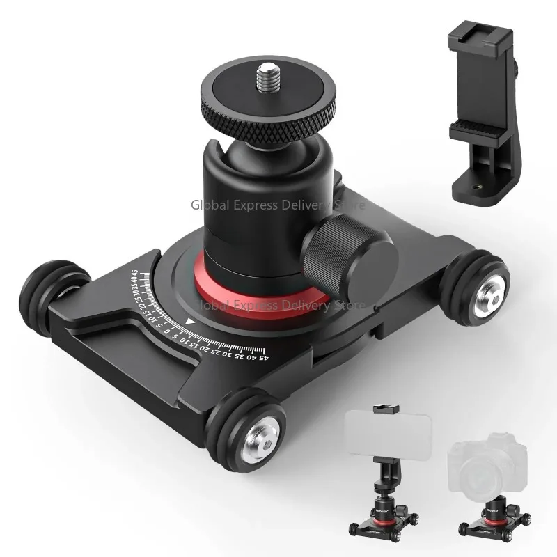 

Camera Slider Dolly With Ball Head & Phone Clamp 4 Wheeled Tabletop Dolly Manual Skater With 360°