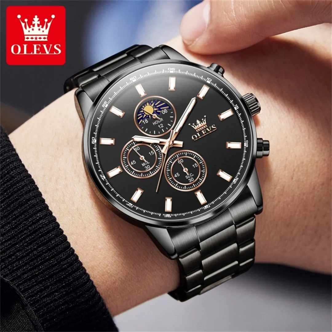 

OLEVS 2902 Casual Quartz Watch Round-dial Stainless Steel Watchband Moon Phase Chronograph