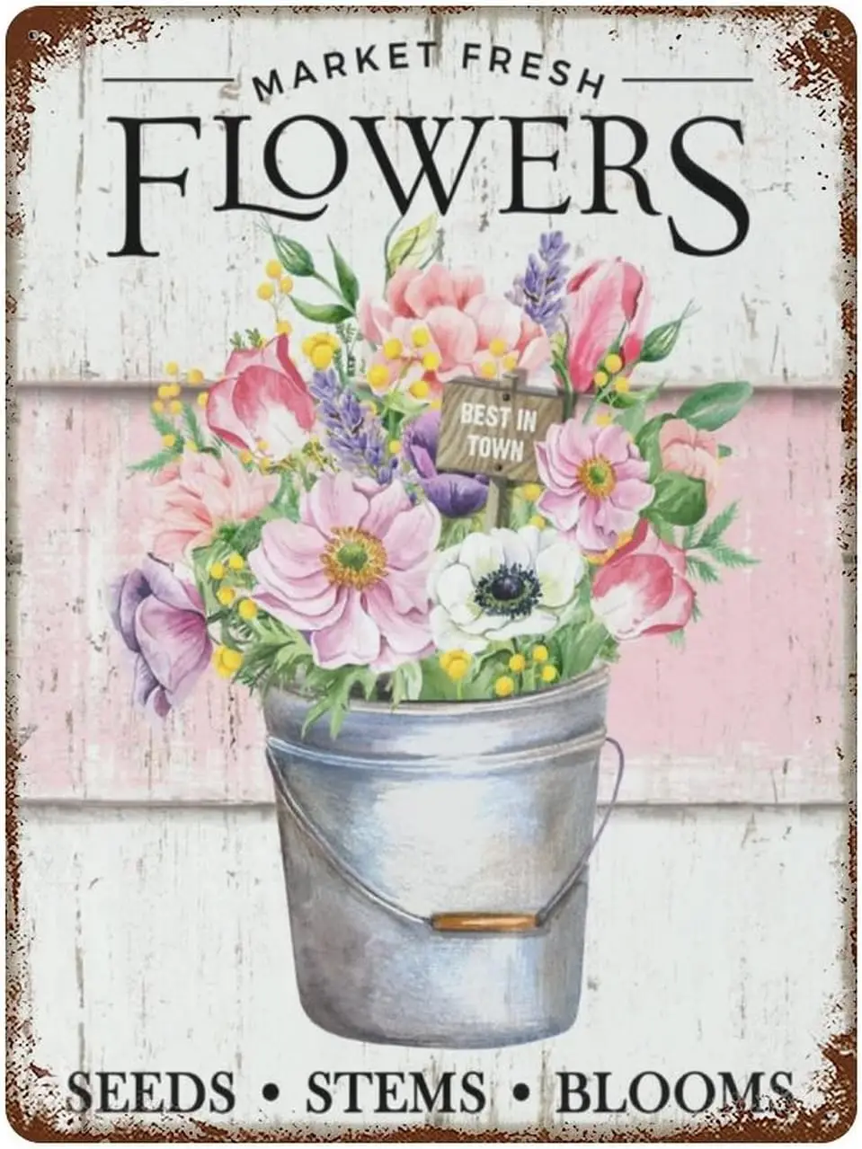 Market Fresh Pink Flowers Decor, Vintage Metal Pail,Farmers Fresh Flowers Market Retro Vintage Metal Sign Country Home Wall sign