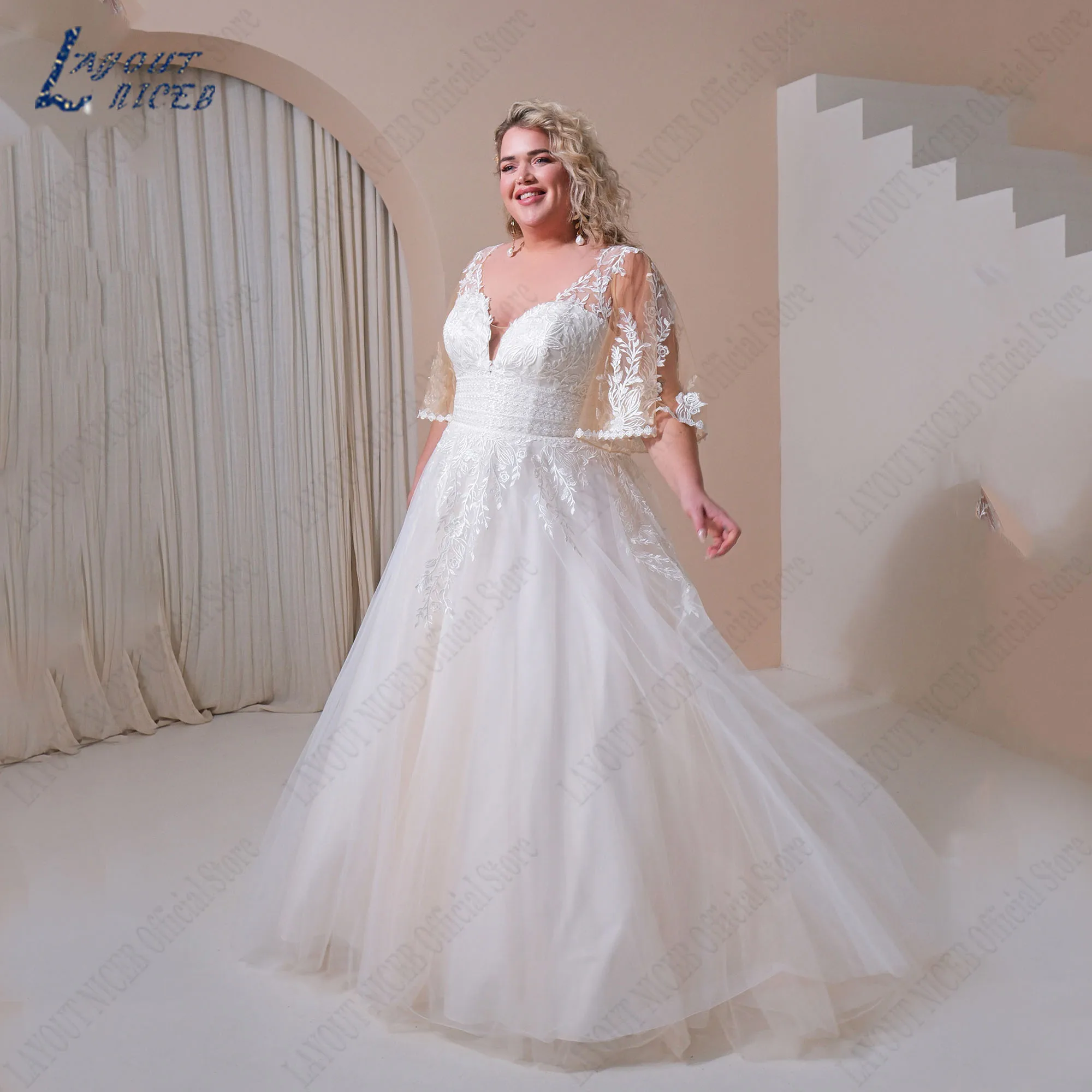 DISPOSITION NICEB-Robe de mariée à manches chauve-souris pour femme, grande taille, col en V, appliques A-Line, mariée, lacets, train de balayage, personnaliséMise en page niceb robe de mariée plus taille bat manches V