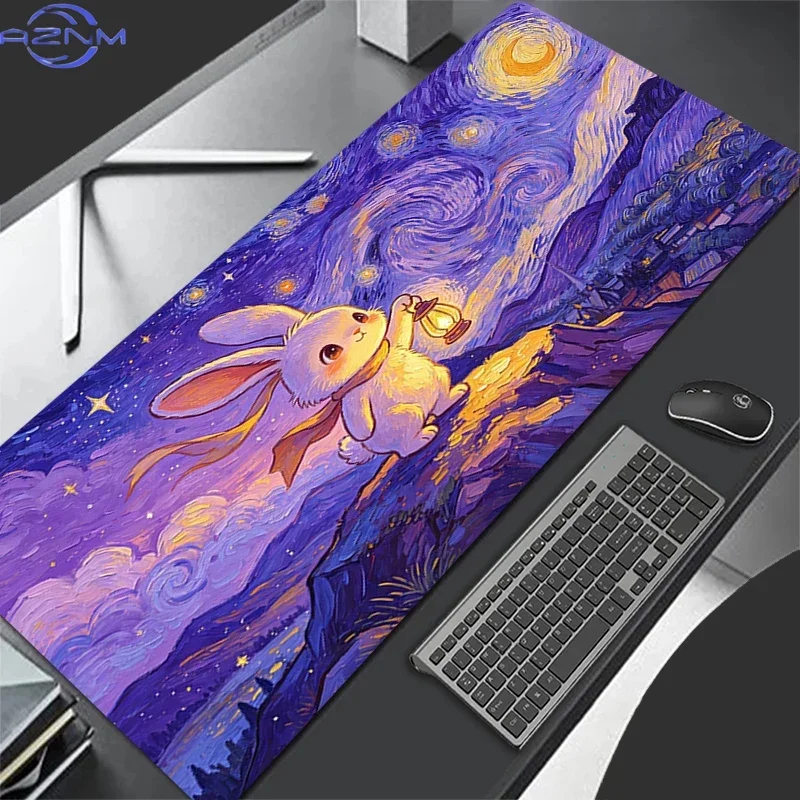 Cute Rabbit Starry Night Large Mouse Pad, Waterproof Non-Slip Desk Mat, Van Gogh Oil Painting Style Keyboard Pad for Office Gami