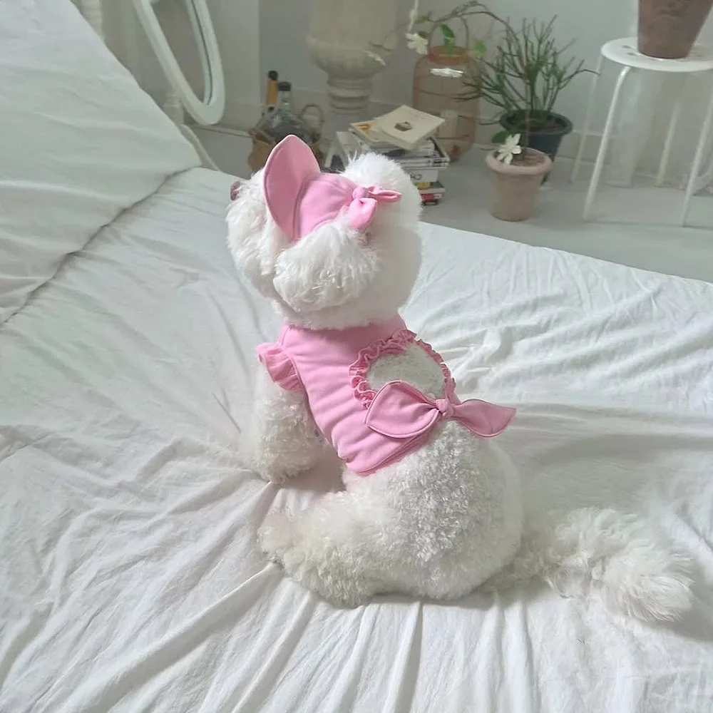 

Comfortable Flying Sleeve Pet Love Hollow Tank Top Soft with Hat Cat Clothes Set Breathable Pet Sunshade Hat For Puppy Cats