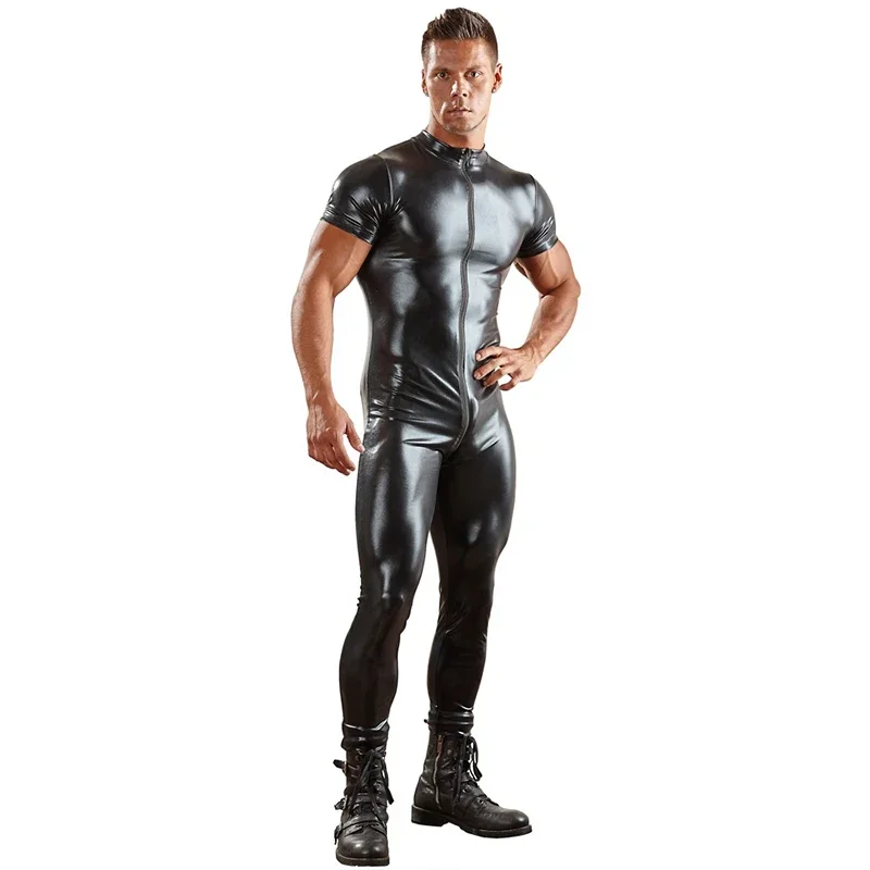 Faux Leather Sexy Lingerie Wetlook Catsuit Jumpsuit For Men Short Sleeves Zipper Open Crotch Zentai Leotard Plus Size XL 2XL 3XL