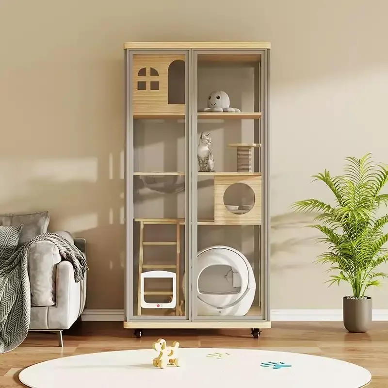 aPanoramic Glass Cat Villa Pure Solid Wood Multi-Layer Luxury Simple Assembly Nest Cabinet Home Indoor Large Space House All