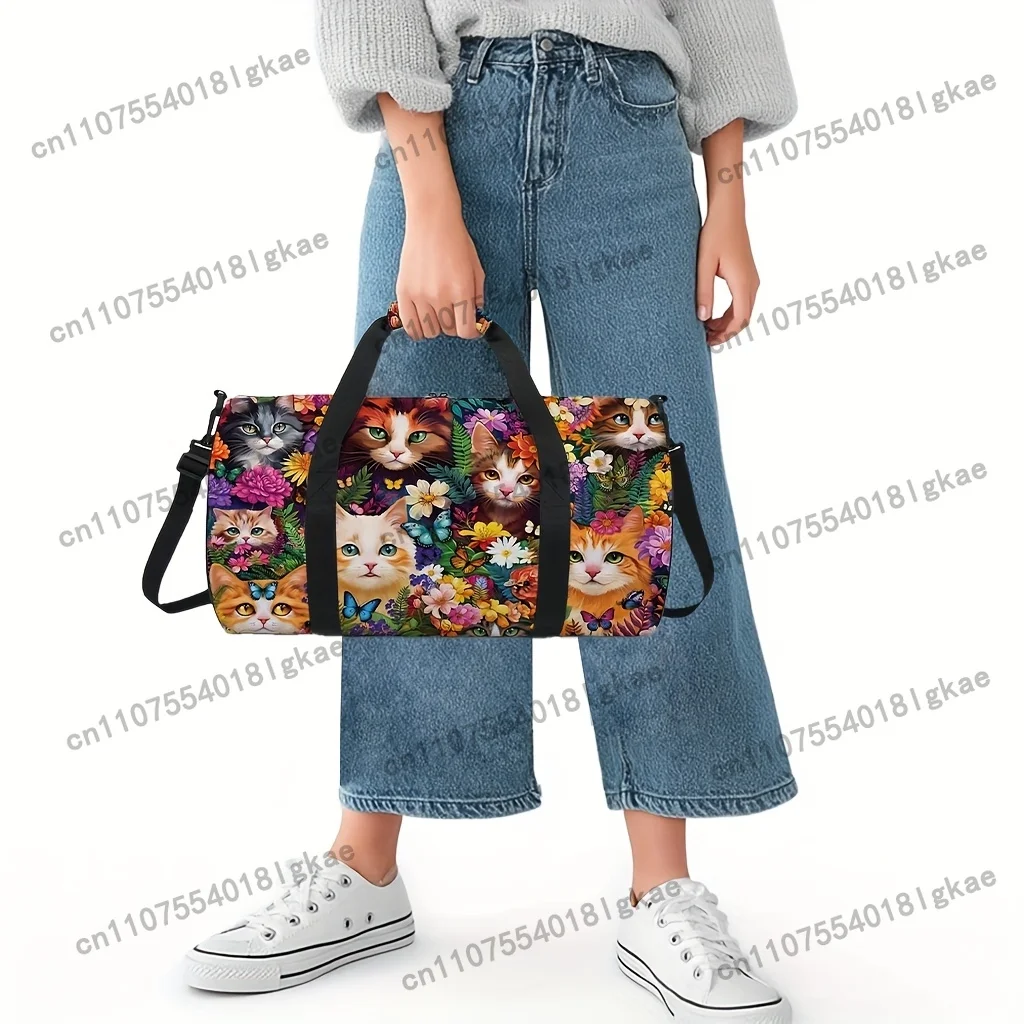 1pc Cute Cat Motif Cylindrical Travel Bag - Lightweight Foldable Carry-On Hand Luggage with Adjustable Strap, Sweet Style Polyes