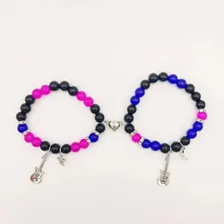 2 pcs of Blue and Red Beads Guitar Pendant Heart Shaped Magnet Couple's Bracelets, Bff Trendy Jewelry Gifts