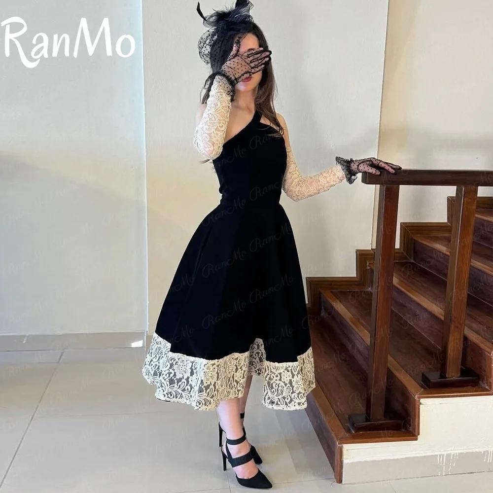 

Ranmo 2025 New Halter Black Lace Prom Dress Customized A-Line Evening Dresses Sexy Wedding Party Dress Tea-Length With Gloves