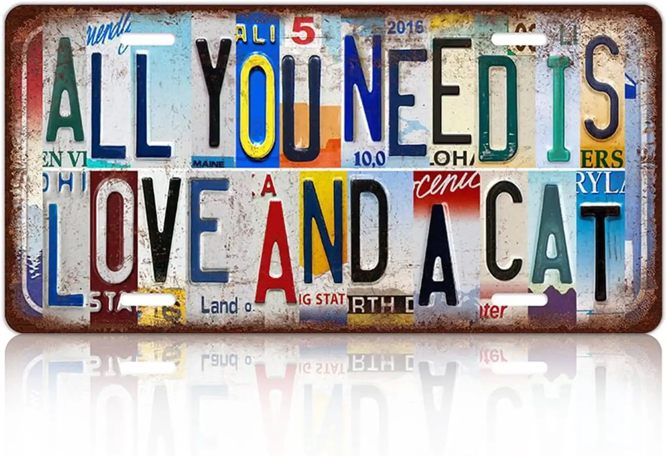 Vintage Cat Metal Tin Sign License Plate Wall Decor for Home Cat Lover 12 x 6 Inches - All You Need Is Love And A Cat