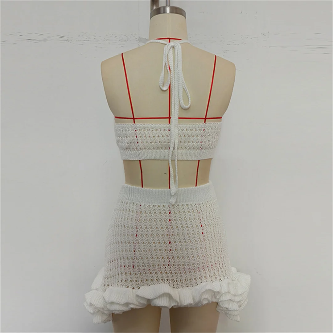 Neues, gerüschtes, halterloses, ausgeschnittenes, gehäkeltes, gestricktes 2-teiliges Set, Sommerkleid, Strandkleidung, Cover-up, zweiteiliges Set für Damen, V7169 – Detail 13