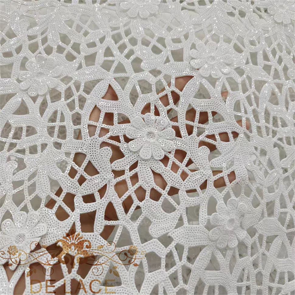 

JZQ Exquisite 3D Flower Lace Fabric Hollow Out Floral Pattern Fabric With Shining Sequins Wedding Dress DIY Fabric