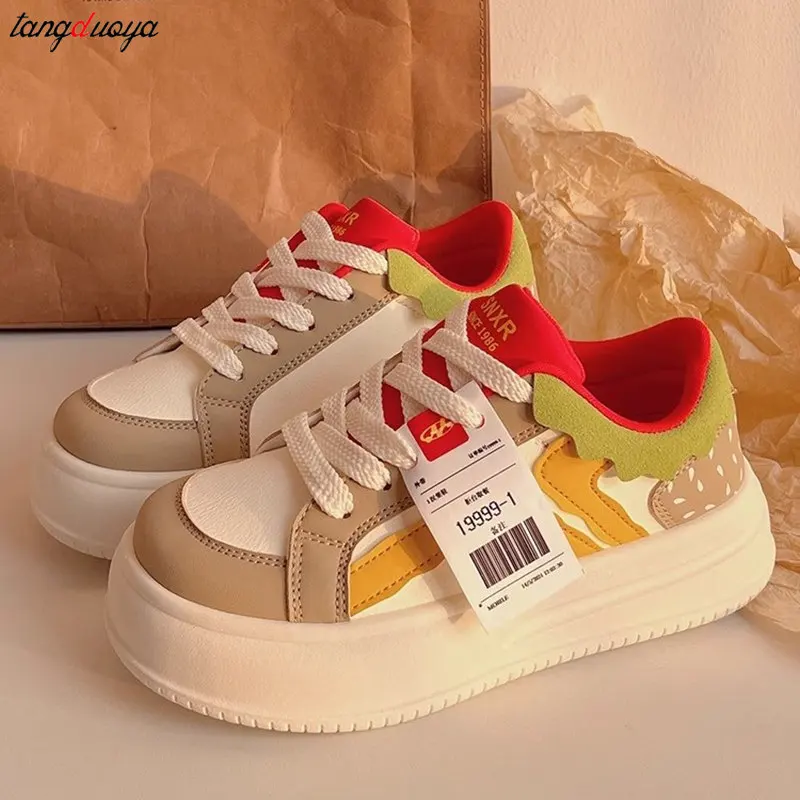 Colorful burger shoes niche women's shoes 2024 New thick soled sneakers Girls' kawaii versatile lace up tennis sports shoes