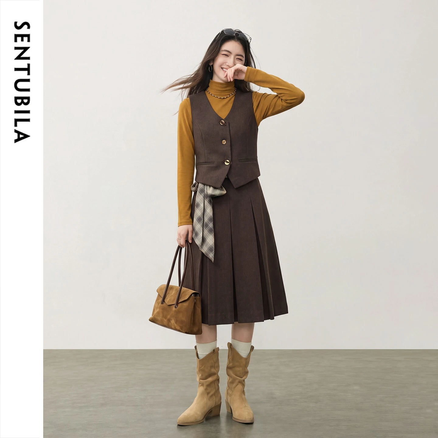 SENTUBILA Women's Two Piece Set 2026 Coffee Color Ribbon V Neck Matching Sets Winter Retro Commuter Pleated Skirt Suit 164ZA8804