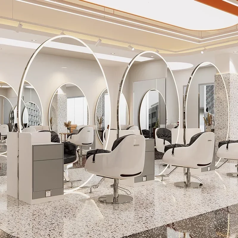 -For Best selling modern oval hairdressing mirror station has LED lamp gold-plated and silver-plated color options for barber