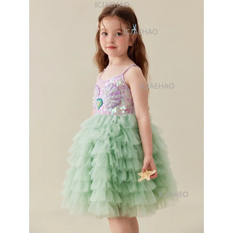 

2026 Children Girls Summer Mermaid Sleeveless Dress Shell Sequin Decor Gown Pageant CostumeTulle Cake Kids Little Tutu Princess