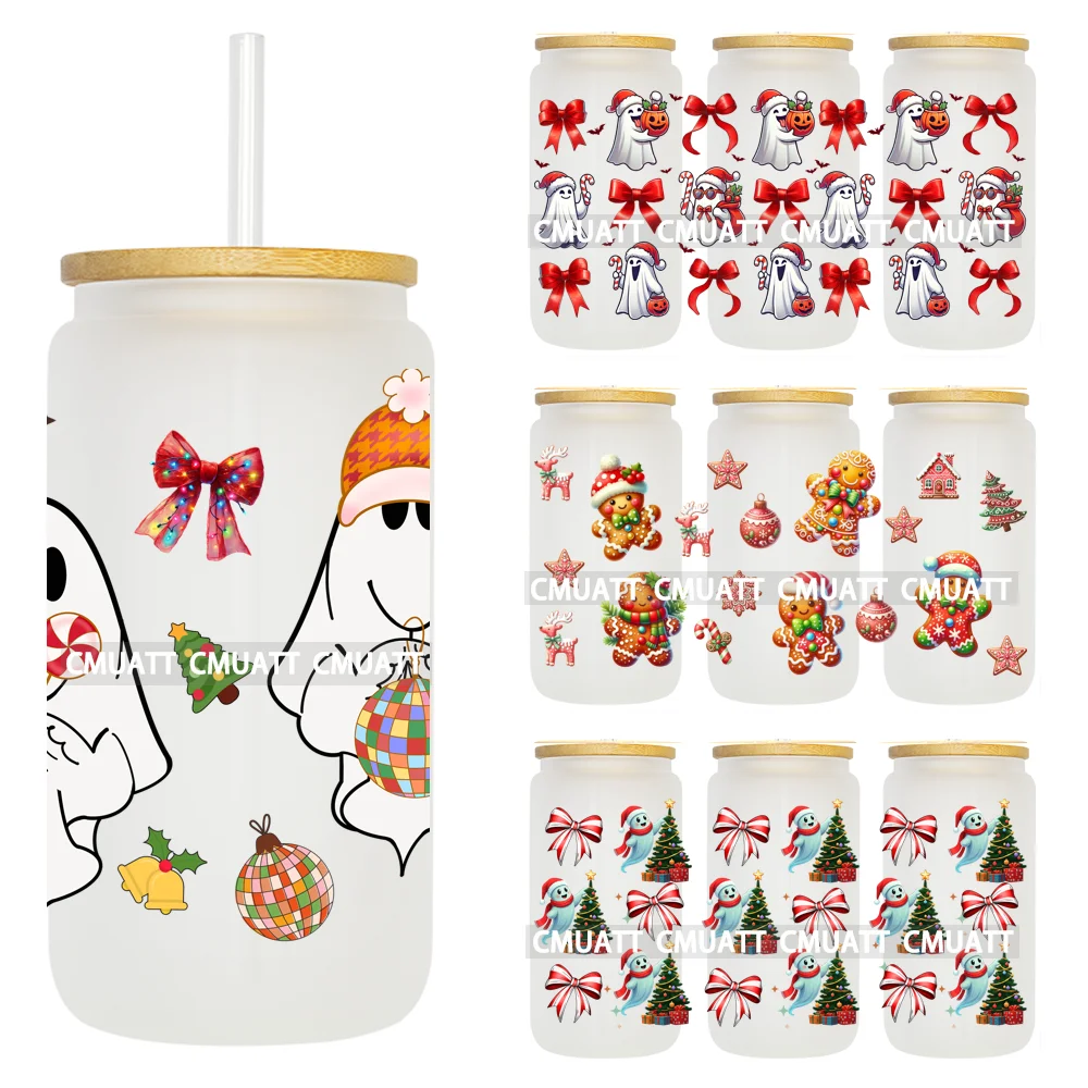 

Coquette Cute Ghost Christmas Merry And Bright Gingerbread Latte Coffe Club Transfer Sticker UV DTF Cup Wraps For 16OZ Glass Can